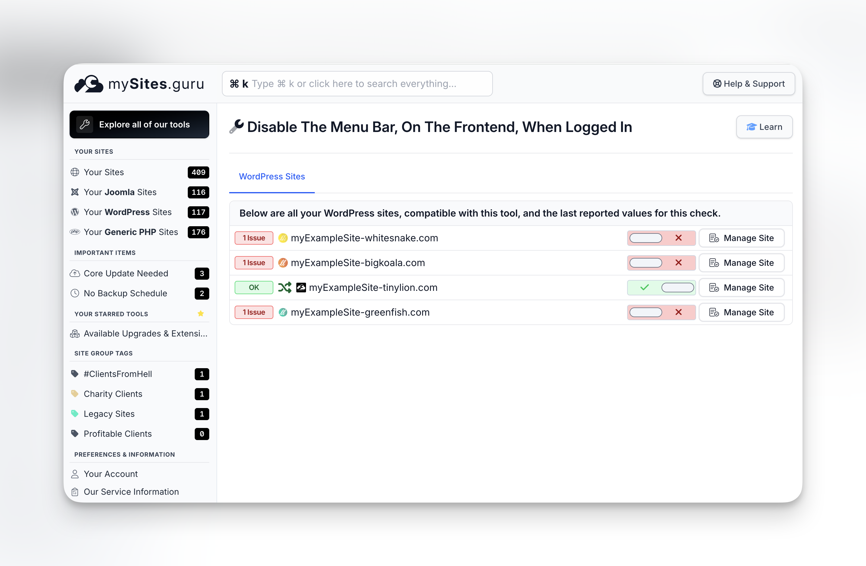 The mySites.guru dashboard showing the "Disable The Menu Bar, On The Frontend, When Logged In" setting across multiple WordPress sites, with per-site toggle controls