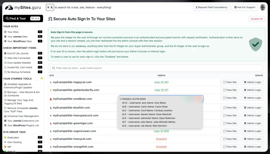 Screenshot of mySites.guru auto sign-in dashboard