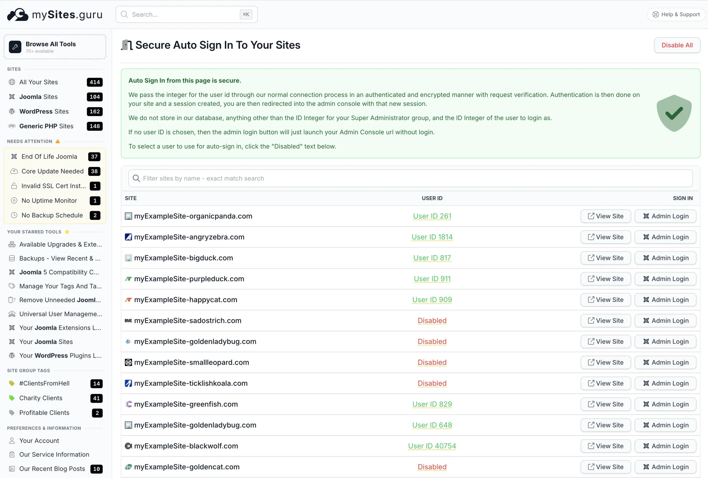 The Secure Auto Sign In dashboard in mySites.guru, showing a list of connected sites with View Site and Admin Login buttons