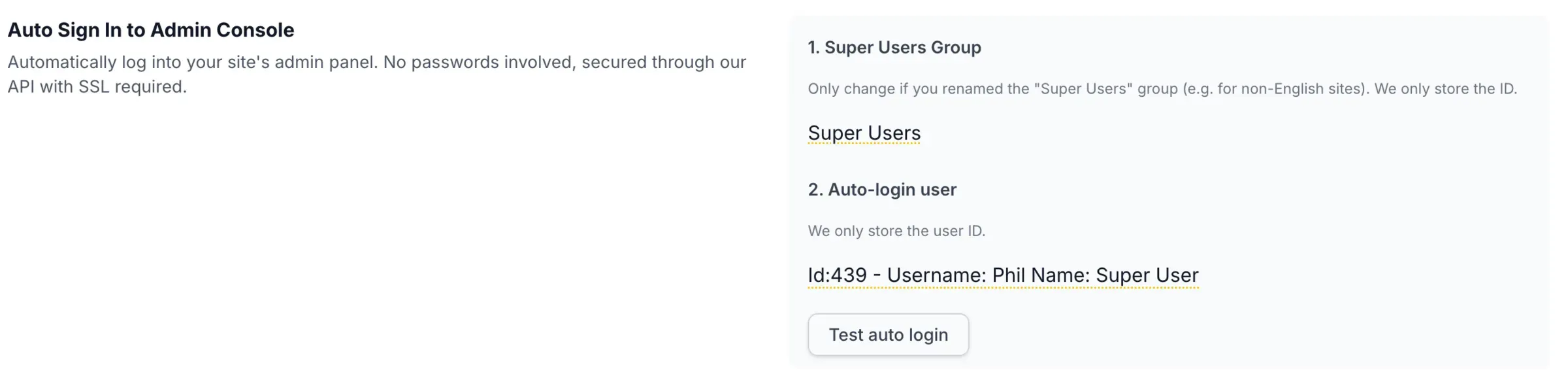 The Auto Sign In settings on the Manage Site page, showing the Super Users Group and Auto-login user fields