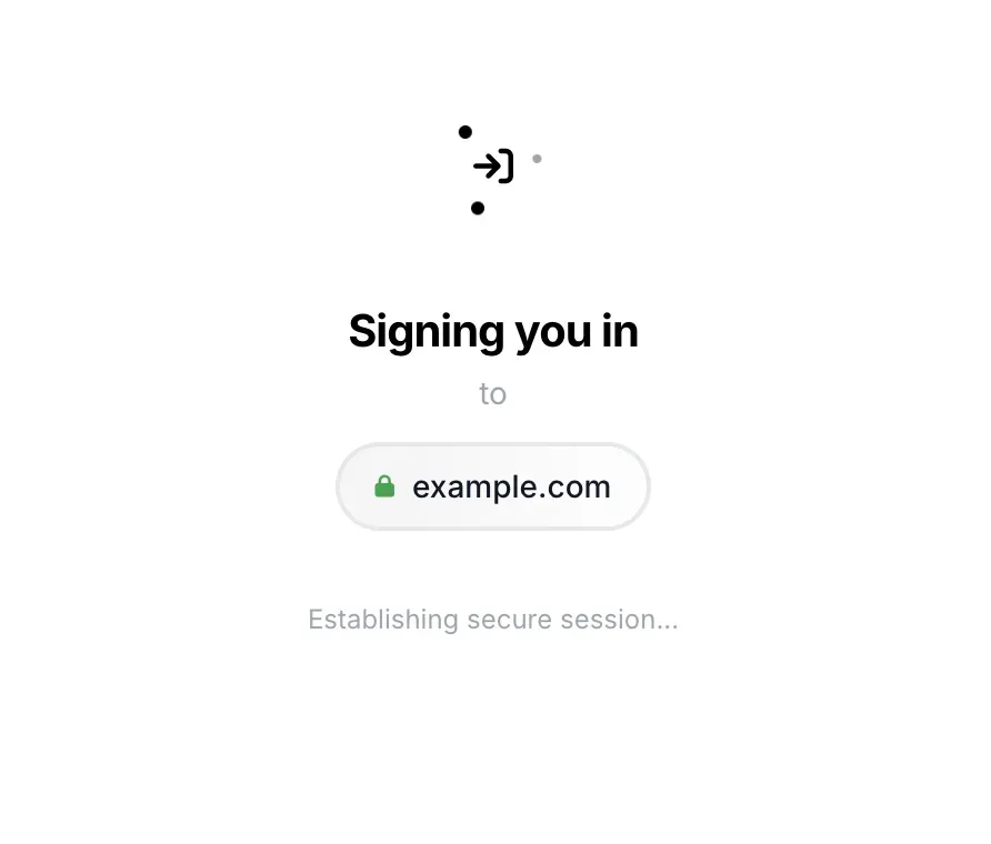 The mySites.guru one-click login screen showing a secure sign-in to example.com