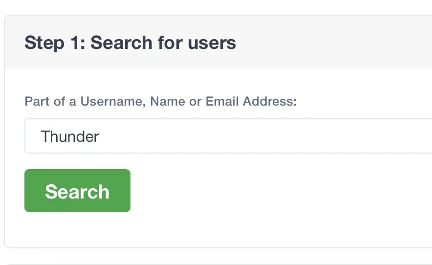 mySites.guru Universal User Management search interface showing a name search field