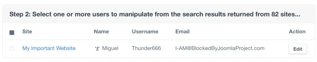 Search results showing user accounts found across multiple connected sites