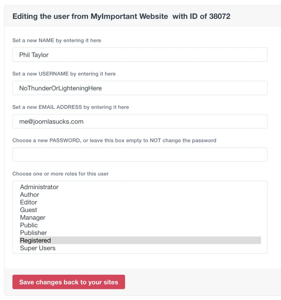 User edit form showing fields for email, name, password, and role