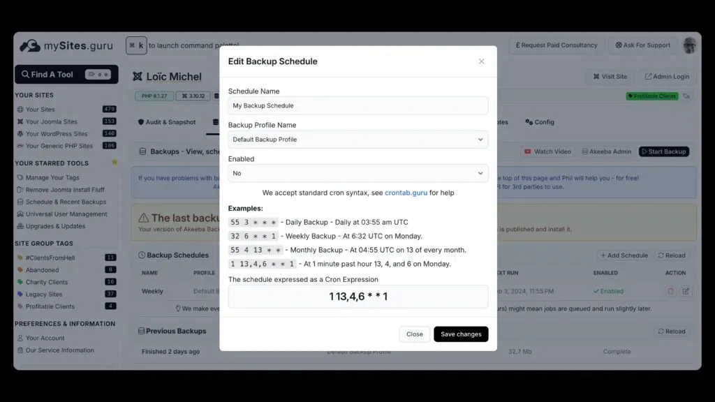 mySites.guru backup scheduler notification settings showing options for backup start, completion, and failure alerts