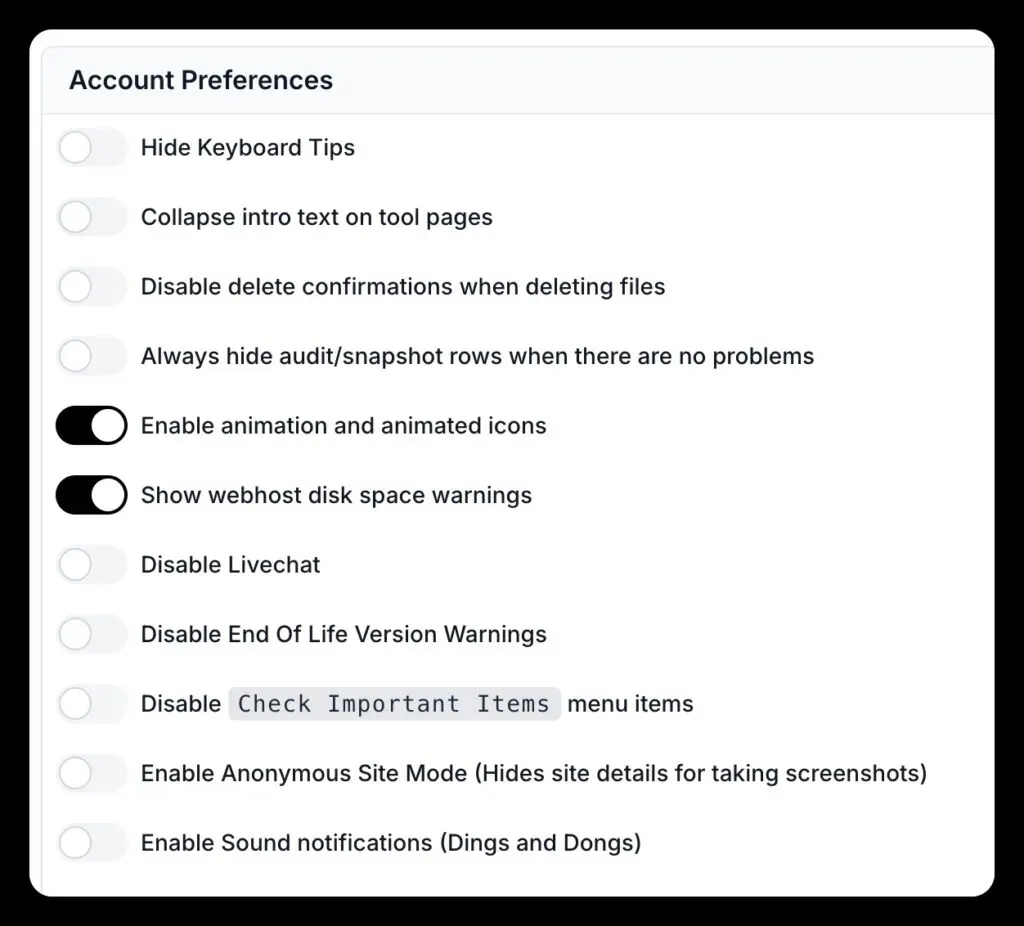 mySites.guru notification settings showing the disk space warning toggle