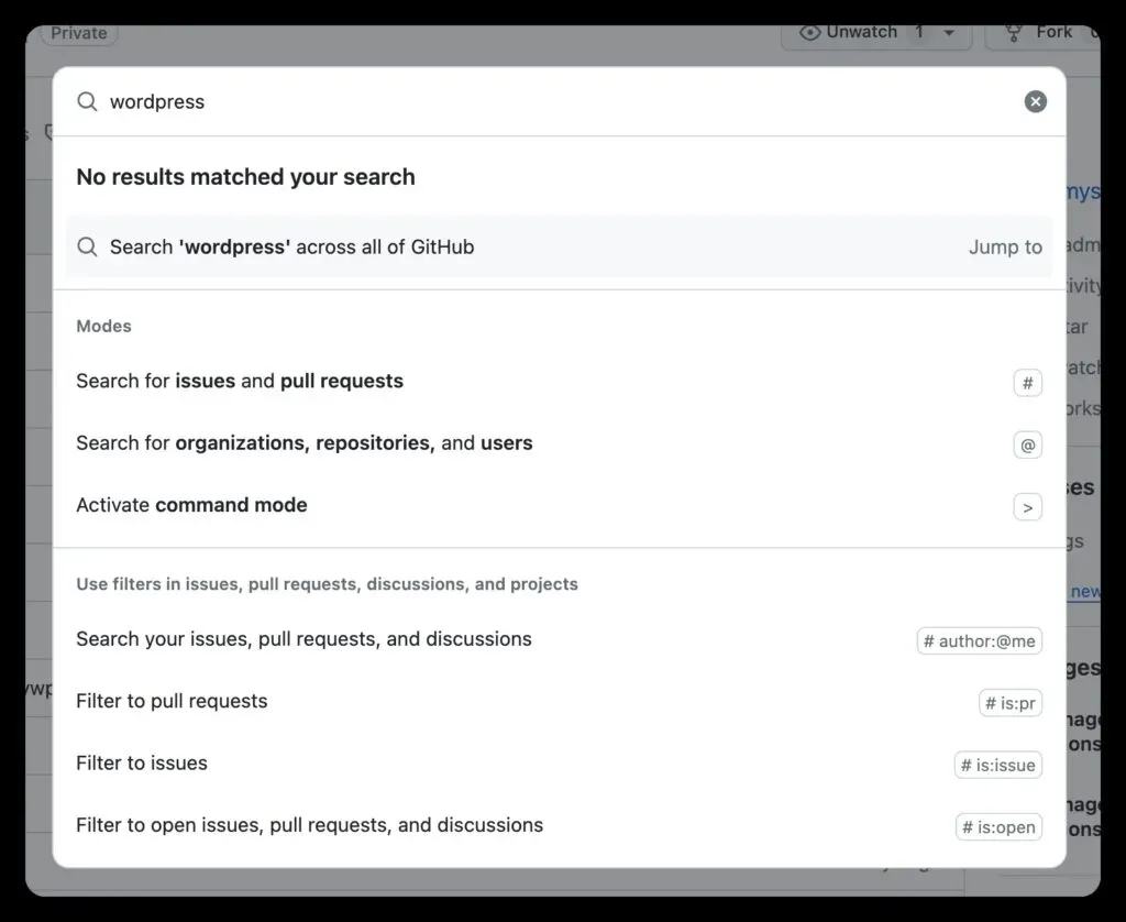The GitHub command palette image