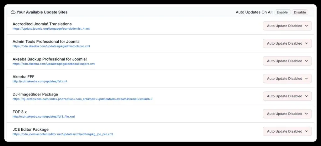 mySites.guru Updates tab showing a list of Joomla extension update site streams with auto-update toggle buttons