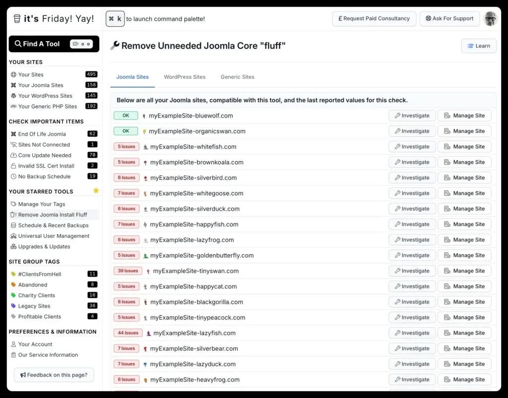 View the fluff files in joomla across many sites