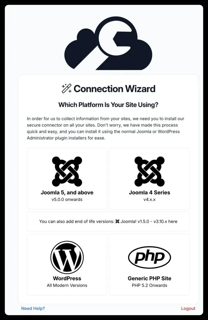 mySites.guru connection wizard showing the Joomla 4+ connector option