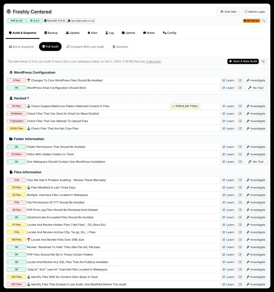 The mySites.guru audit screen