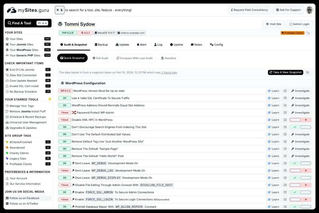 The manage site page in mySites.guru for managing multiple wordpress sites