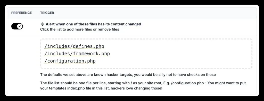 mySites.guru file monitoring configuration showing a list of watched files with their MD5 hashes