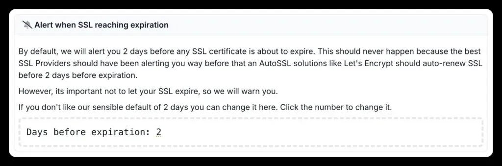 mySites.guru SSL expiration alert settings showing grace period configuration