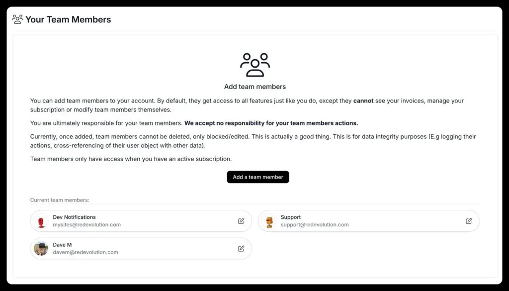 mySites.guru team member notification settings showing per-site alert preferences for multiple users