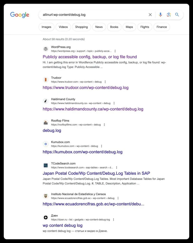 allinurl search for wp-content/debug.log