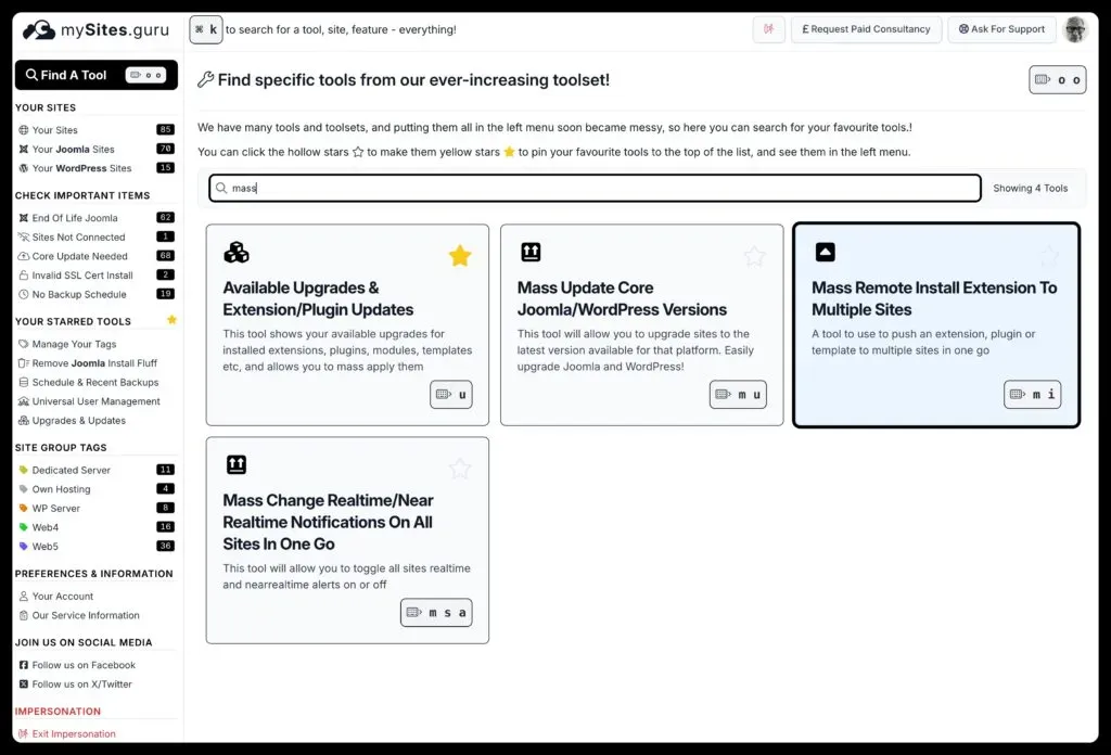 mySites.guru tool finder showing the Mass Package Installer option