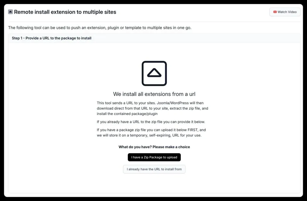 mySites.guru mass installer showing the upload zip and URL input fields