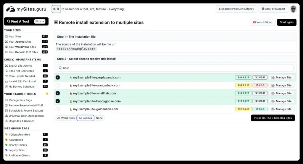 mySites.guru site selector showing a list of connected sites with checkboxes for mass install