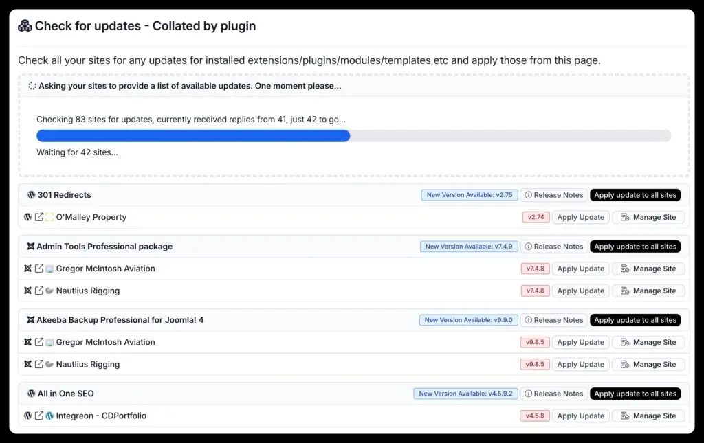 mySites.guru mass update interface showing plugin updates queued across multiple WordPress sites