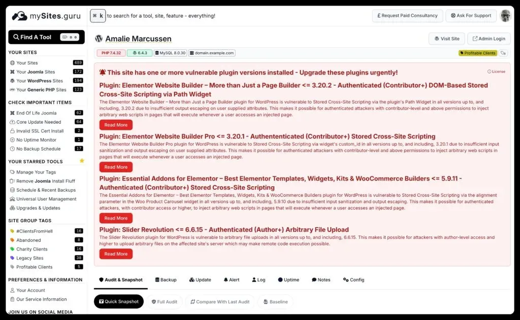 mySites.guru site detail view listing vulnerable plugins with CVE references and severity information
