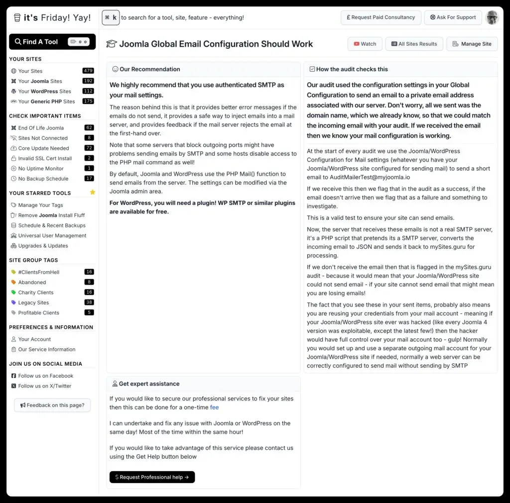 The learn More page from the mySites.guru service for the Joomla Global Config email configuration