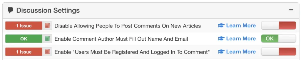 mySites.guru Discussion Settings checks showing toggle switches for WordPress best practices