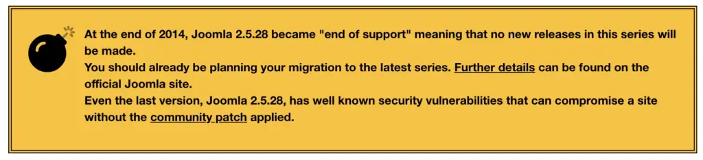 mySites.guru showing a Joomla 2.5.28 end-of-life warning