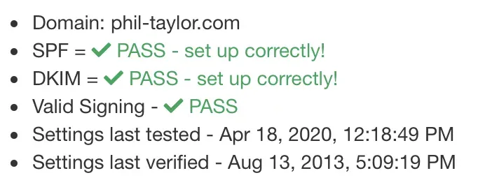 DNS configuration panel showing SPF and DKIM verification status with green ticks