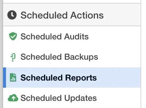 mySites.guru left navigation showing the Scheduled Actions menu with Reports highlighted
