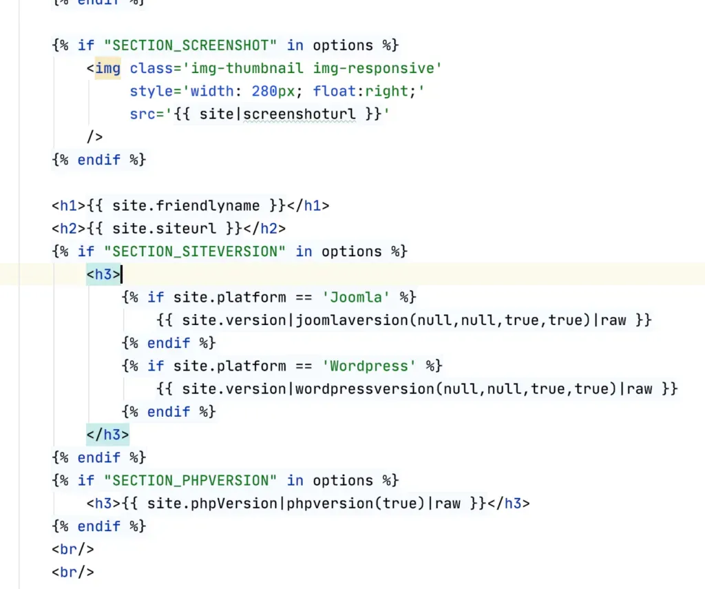 mySites.guru report template designer showing HTML editor with Twig variables