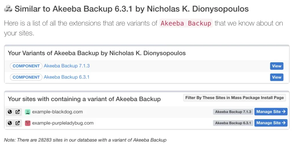 Extensions search results showing sites with Akeeba Backup installed
