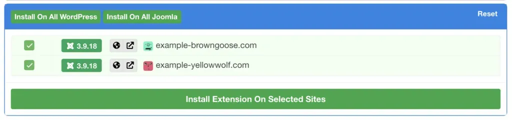 Mass Package Installer with Akeeba sites pre-selected from the filter