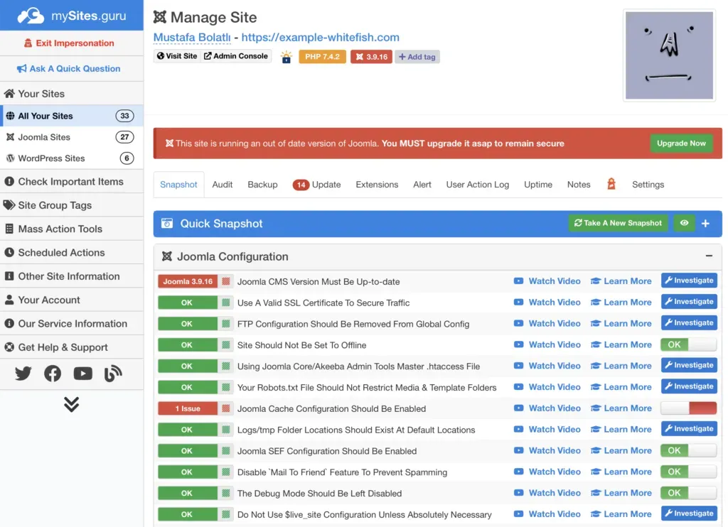 Screenshot of mySites.guru feature