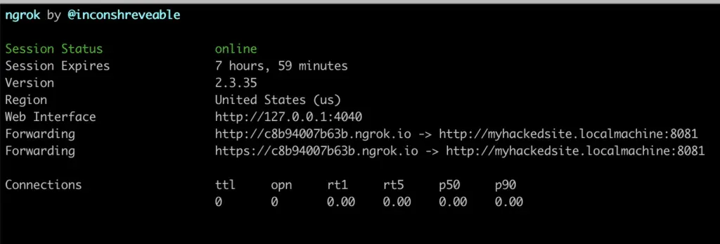 Ngrok terminal output showing the public tunnel URL and connection status
