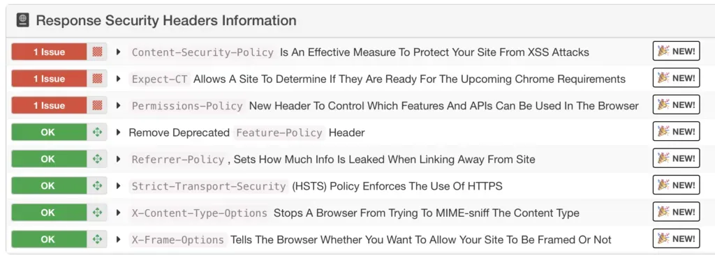 mySites.guru security header check results showing pass/fail status for each header