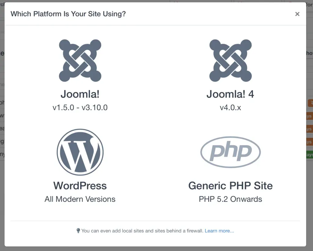 mySites.guru connect-another-site wizard showing the Generic PHP connector download option with server path instructions