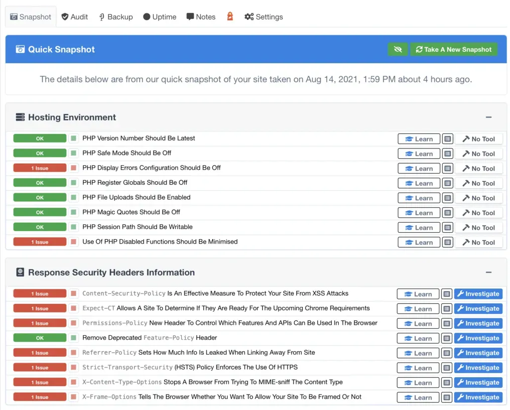 mySites.guru audit results for a generic PHP site showing file scan progress and flagged suspect files