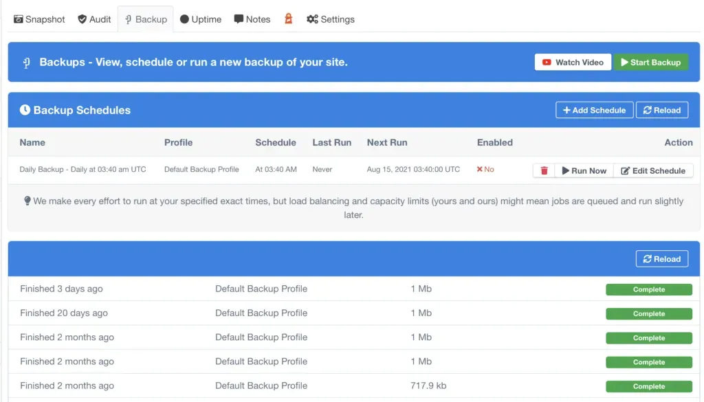 mySites.guru backup schedule configuration screen showing Akeeba Backup Solo integration options for a generic PHP site