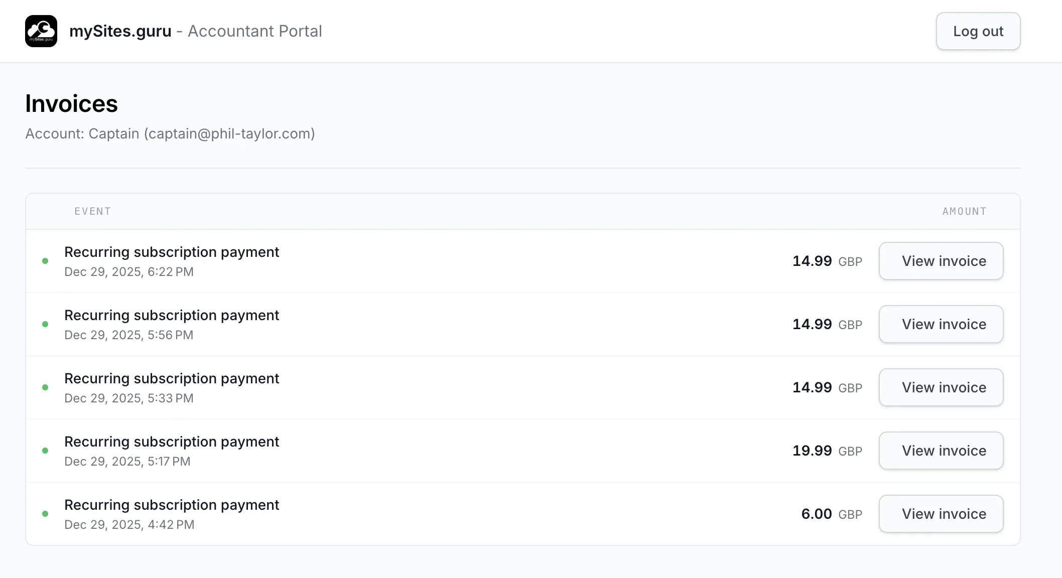 The mySites.guru Accountant Portal showing a clean invoices list for captain@phil-taylor.com. Each row shows a Recurring subscription payment with date, amount in GBP, and a View invoice button. The header reads mySites.guru - Accountant Portal with a Log out button on the right.