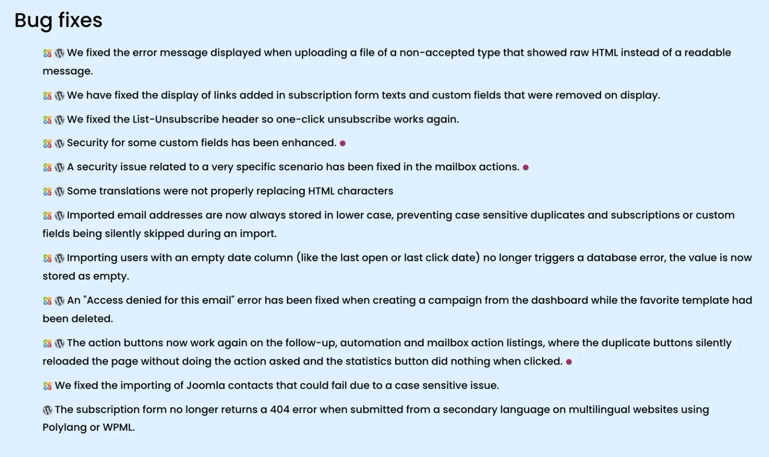 The Bug fixes list for AcyMailing 11.1.0 on the vendor changelog: twelve one-line entries with Joomla and WordPress icons. The fourth reads 'Security for some custom fields has been enhanced.' and the fifth reads 'A security issue related to a very specific scenario has been fixed in the mailbox actions.', each followed by a small dark pink dot with no visible label