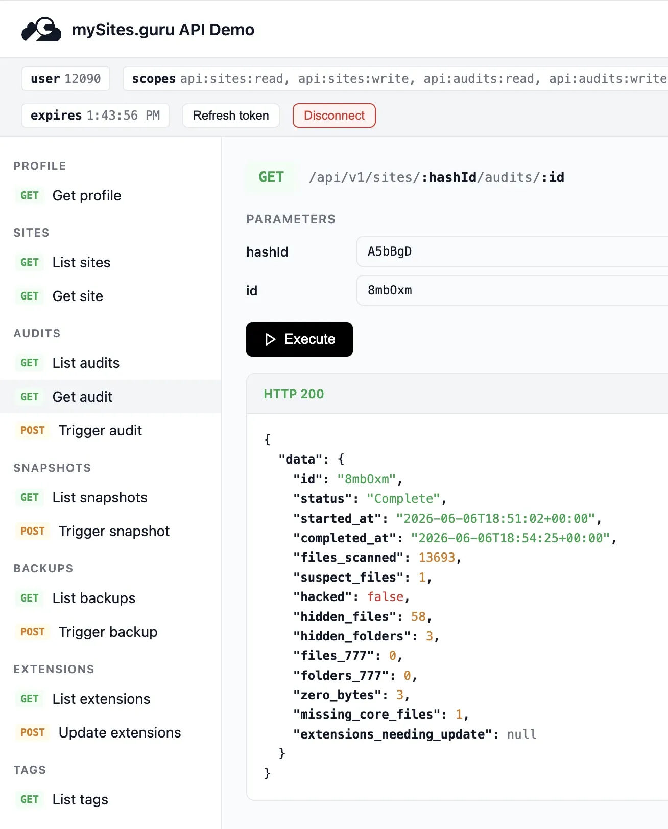 The mySites.guru API demo after authorising. The token bar shows the granted api: scopes (api:sites:read, api:sites:write, api:audits:read, api:audits:write and more). A GET request to /api/v1/sites/{hashId}/audits/{id} has been executed and returns HTTP 200 with a JSON body: id, status Complete, started_at and completed_at timestamps, files_scanned 13693, suspect_files 1, hacked false, hidden_files 58, hidden_folders 3, files_777 0, folders_777 0, zero_bytes 3 and missing_core_files 1.