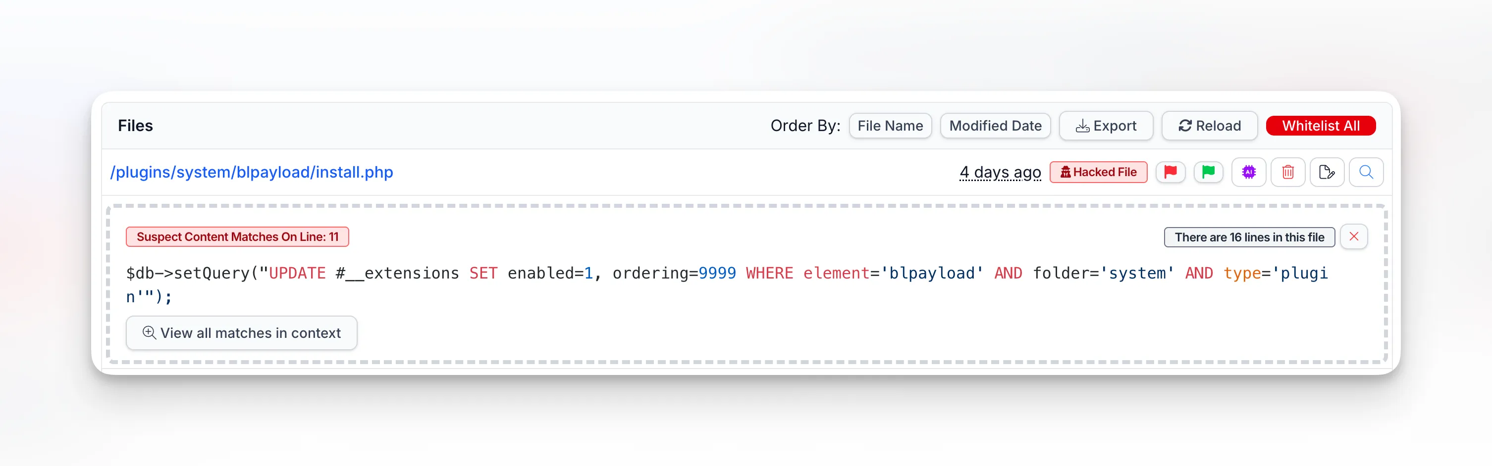 mySites.guru suspect content scanner flagging /plugins/system/blpayload/install.php as a Hacked File, showing the SQL query that force-enables the blpayload plugin at ordering 9999