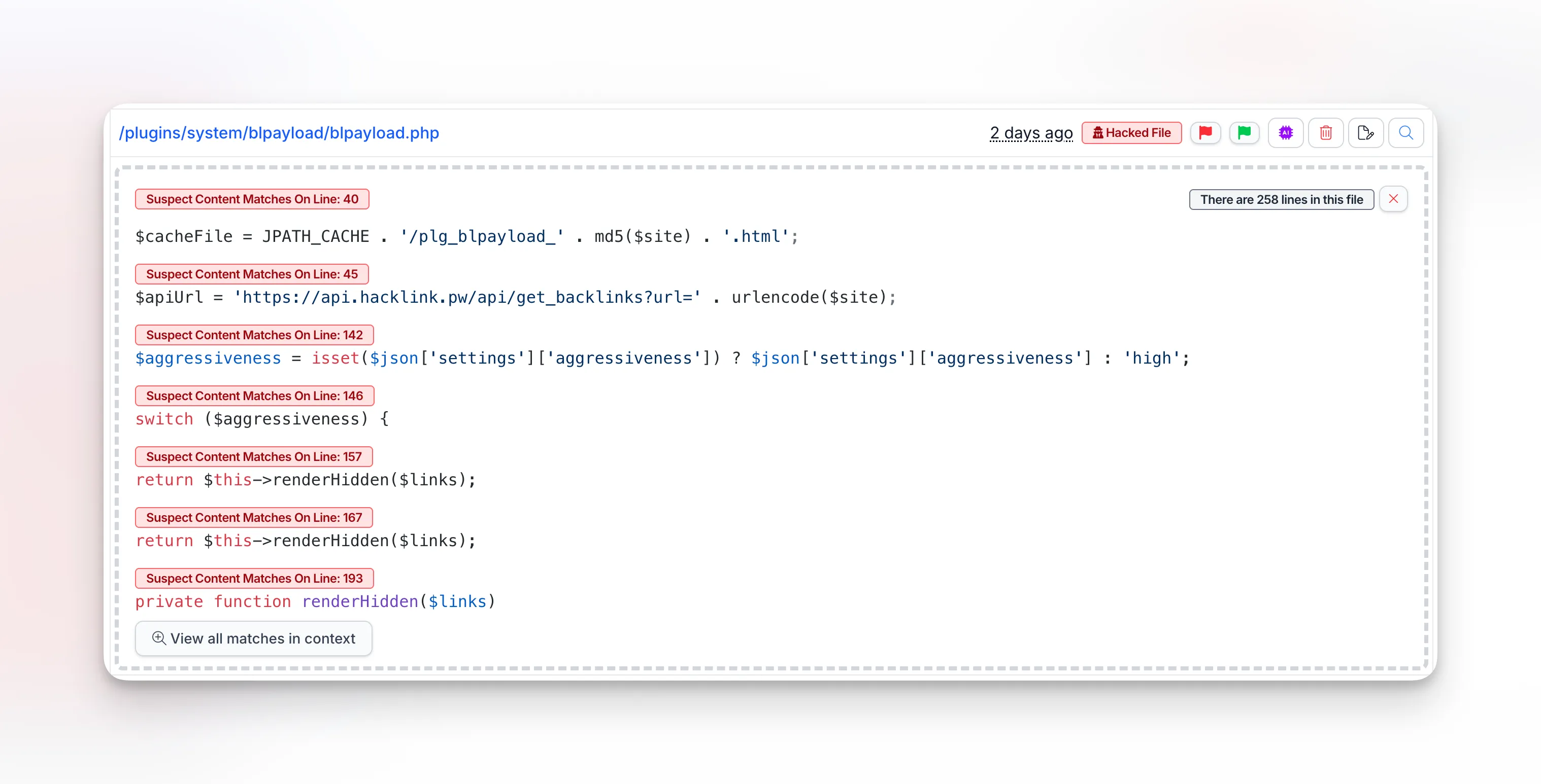 mySites.guru suspect content scanner showing blpayload.php flagged as Hacked File with matches on the hacklink.pw API URL, cache file generation, aggressiveness setting, and renderHidden function