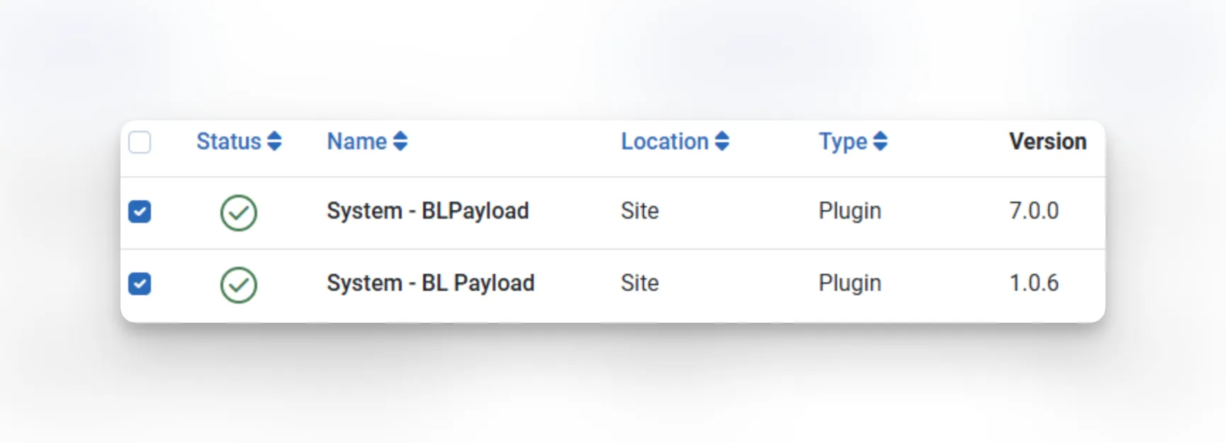 Joomla plugin manager showing two malicious plugins: System - BLPayload v7.0.0 and System - BL Payload v1.0.6, both enabled