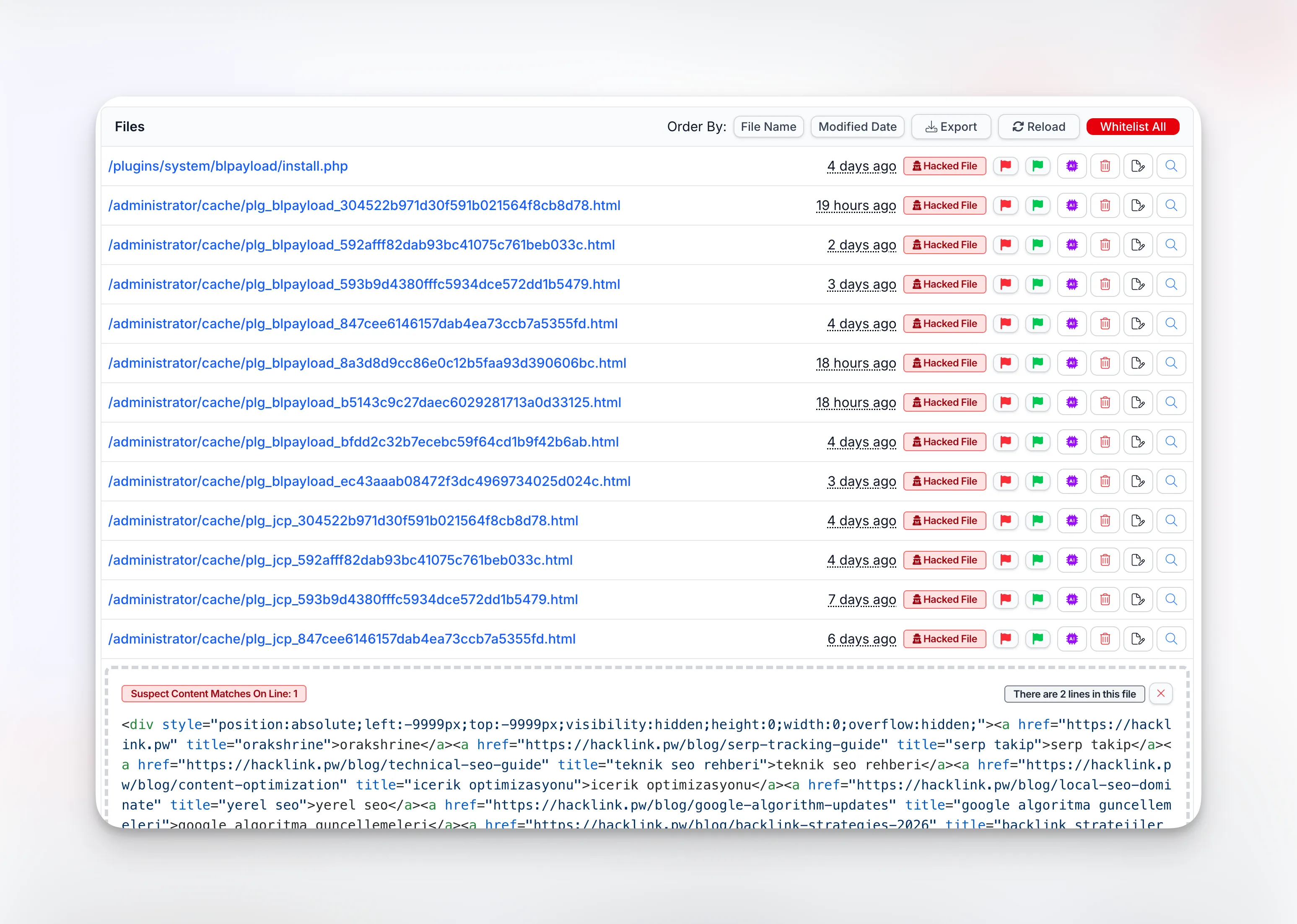 mySites.guru suspect content tool listing hacked files including install.php dropper and multiple plg_blpayload and plg_jcp cache files, all flagged as Hacked File