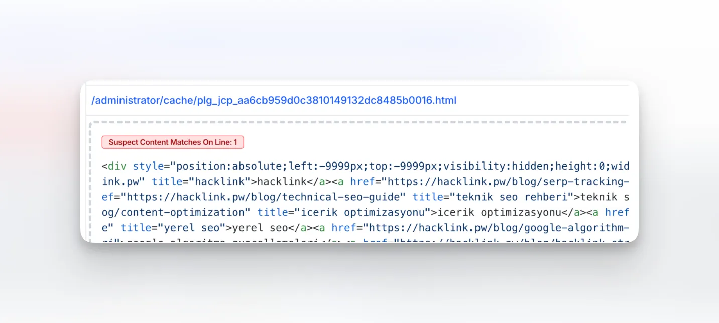 mySites.guru suspect content scanner showing a cached hacklink payload file at /administrator/cache/plg_jcp_[hash].html containing hidden spam links to hacklink.pw